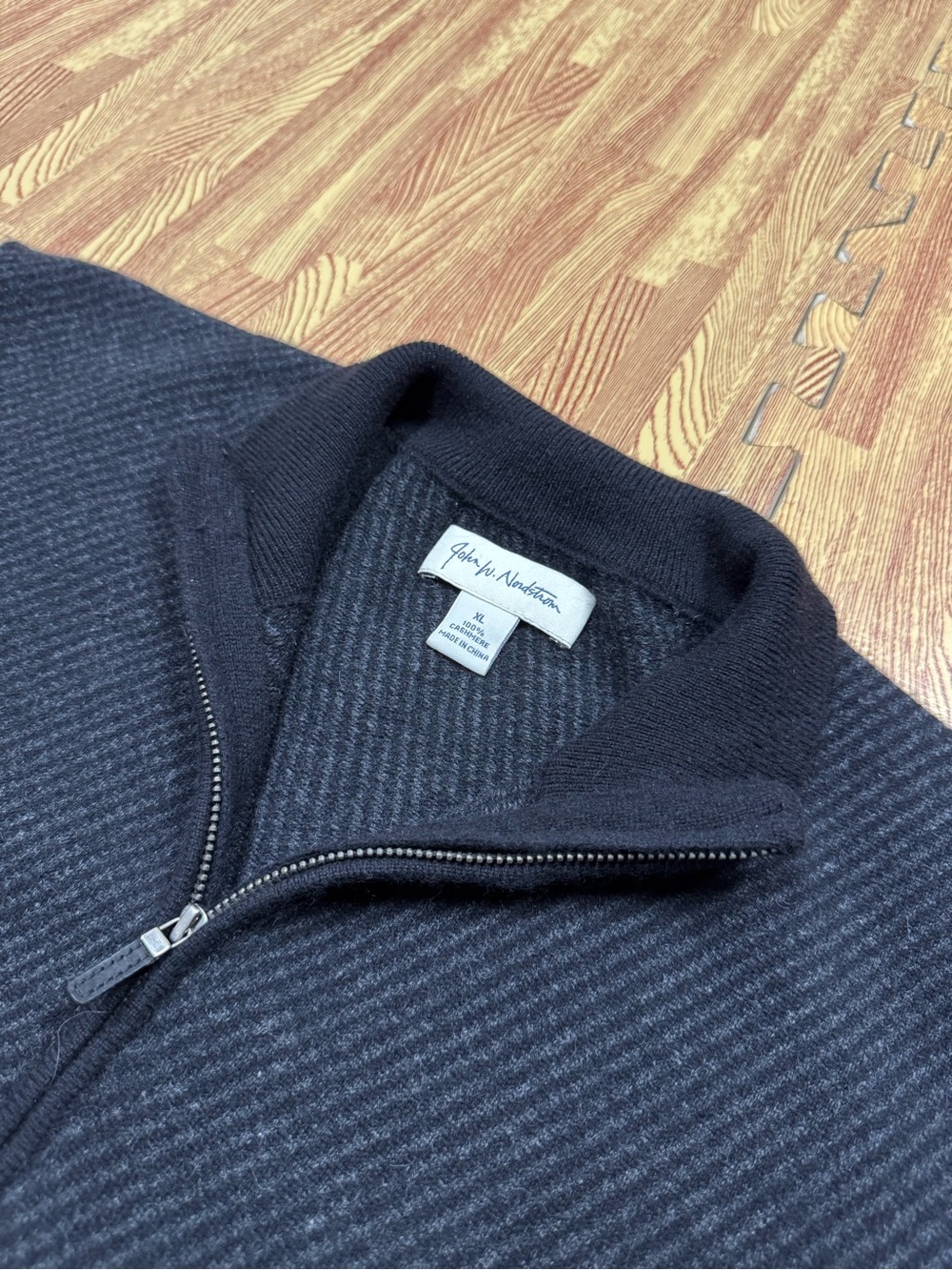 John Nordstrom Herringbone Black 100% Pure Cashmere 1/4 Zip Sweater Size Mens XL